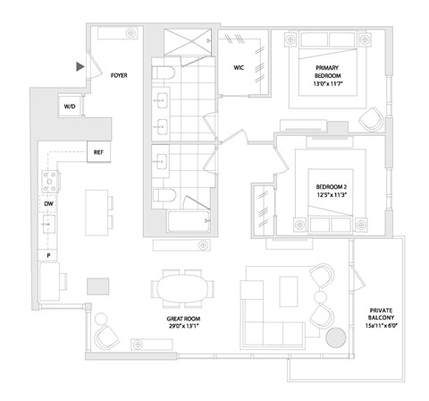 Floor plan for 2 beds, 2 baths, 1280 sqft
